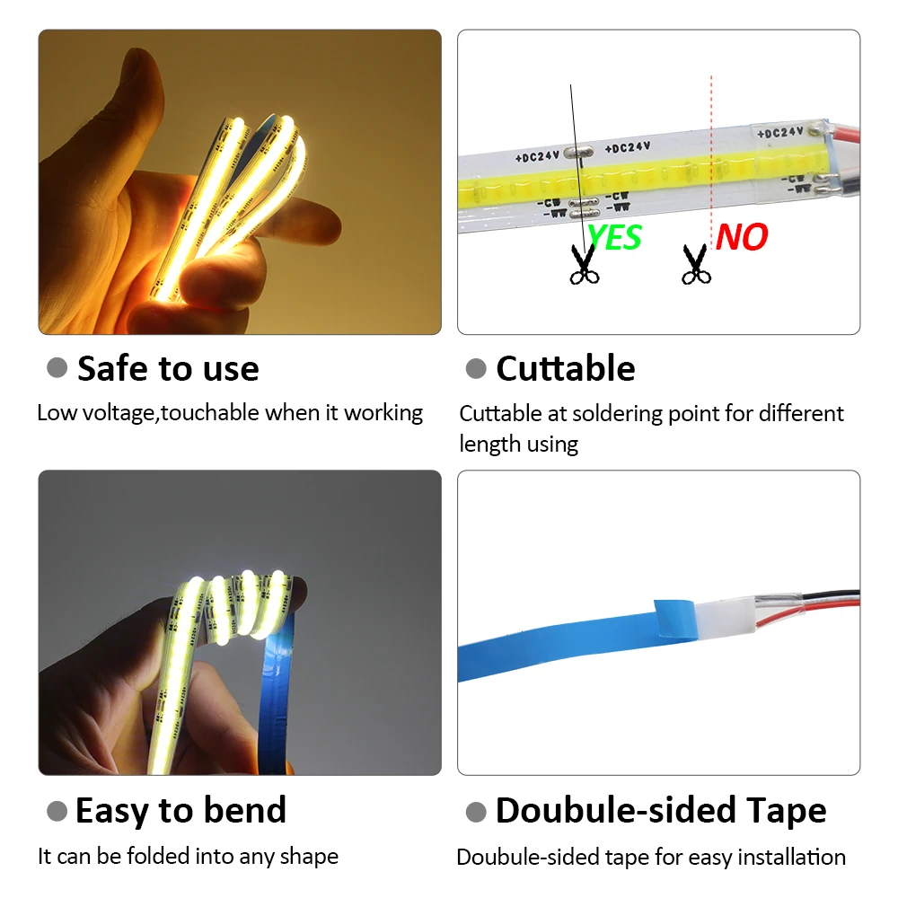 Dimmable CCT COB LED Strip Light Kit, RF Controle Remoto Sem Fio, Lâmpada Fita Flexível, Iluminação Linear, 1m, 2m, 3m, 4m, 5m, 24V, 608 Chips, WW, CW