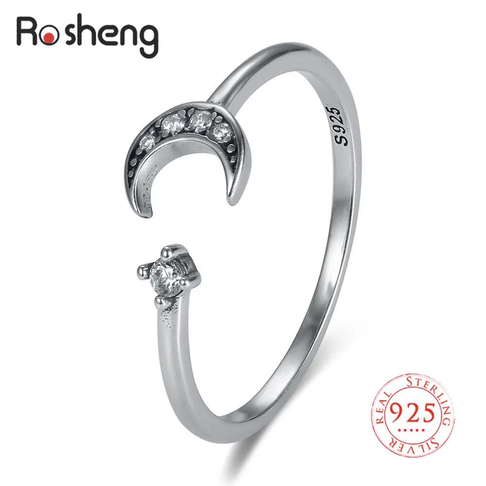 

925 Sterling Silver Ring Finger Moon Star CZ Cocktail Opening Rings Vintage Gift Jewelry for Female Women 2021 Fine Jewelry