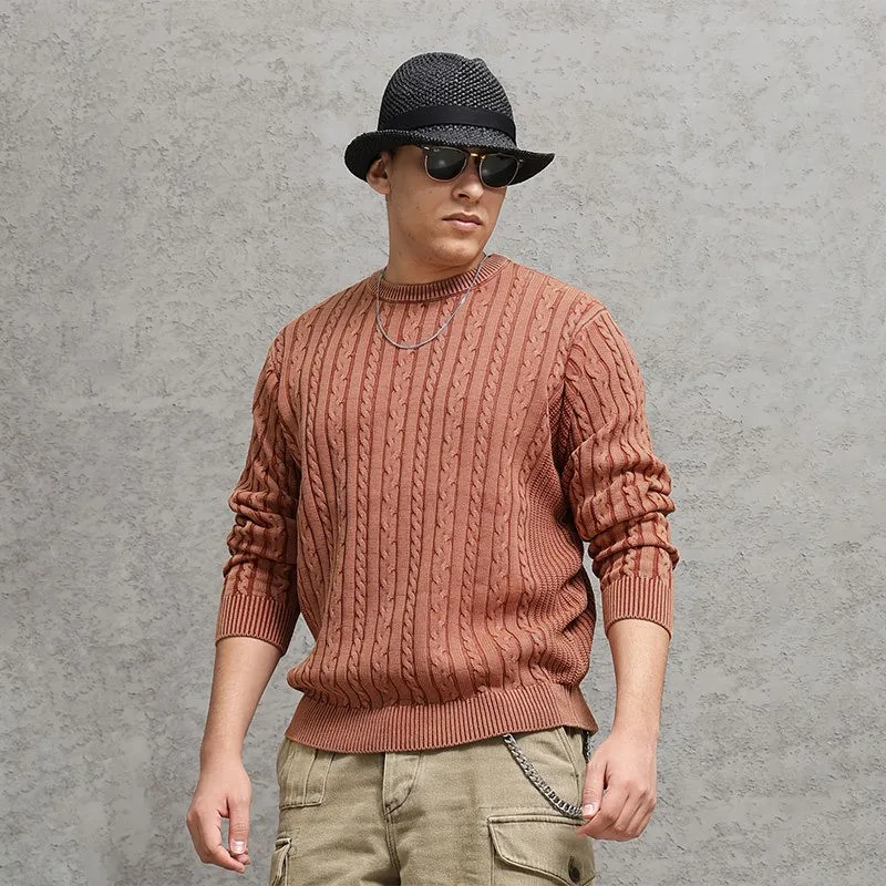 Amekaji Pure Cotton Wire round Neck Pullover Cable-Knit Sweater Long Sleeve Dyed Retro Casual
