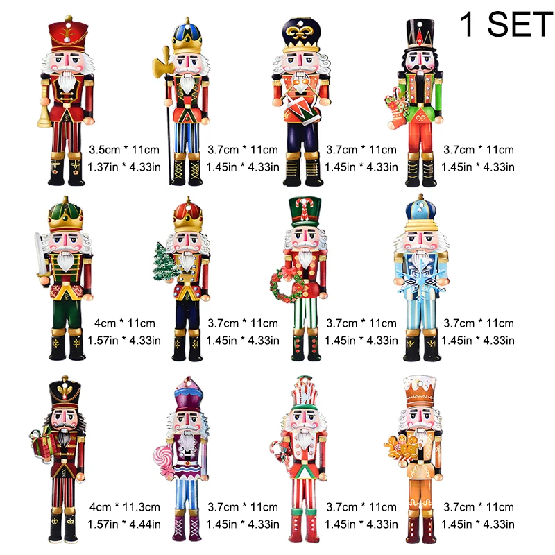 12Pcs Cute Nutcracker Puppet Zakka Christmas Wooden Ornaments Walnut Soldier Pendant DIY Color Printed Xmas Tree Accessories