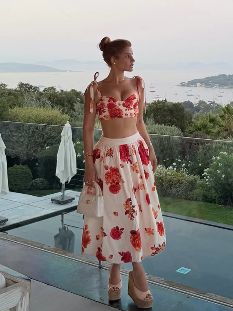 Boho Vintage 2pc Set Floral Print Romantic Boho Bustier Top Skirt Lady Outfit Seaside Holiday Date Trendy Summer Streetwear