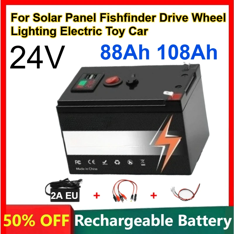 

Rechargeable Batteries 88Ah 108Ah 24V for Solar Panel Fishfinder Drive Wheel Lighting Electric Toy Car Lithium Battery +Charger
