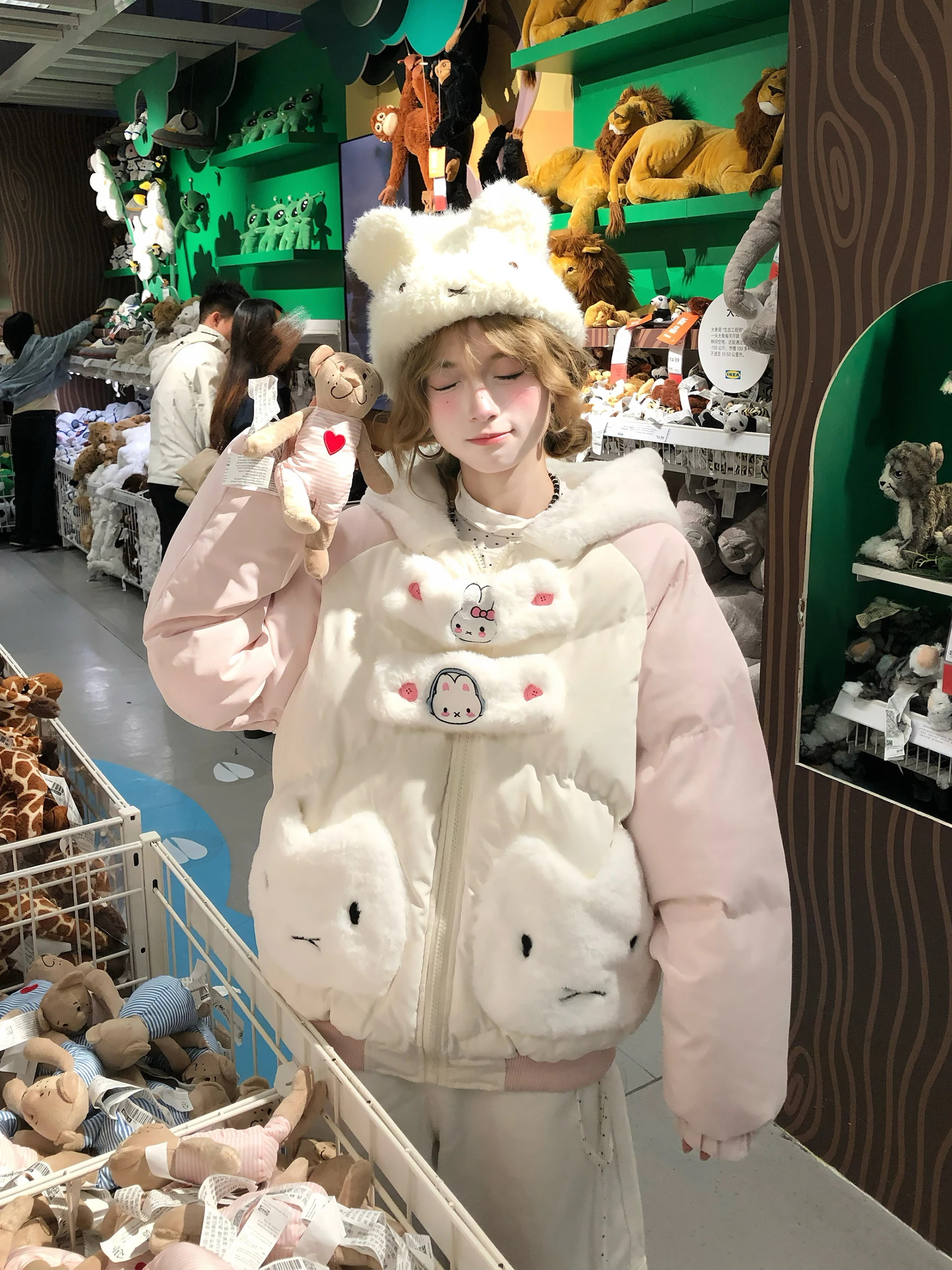 

Warm Fluffy Fem Jaet Hooded Cotton Padded Coat Sweet Adorable Cartoon Animal Design Original Work by Wenwen Naugh