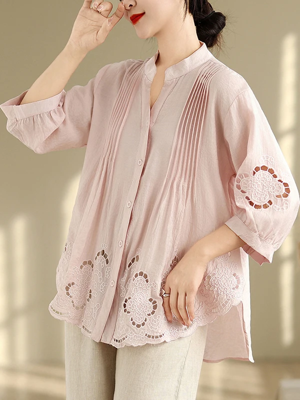 

Ele Hollow Embroidery Heavyweight Loose Cotton Linen irt Women's Top Summer Faion Artistic Sle V-Ne ort Sve