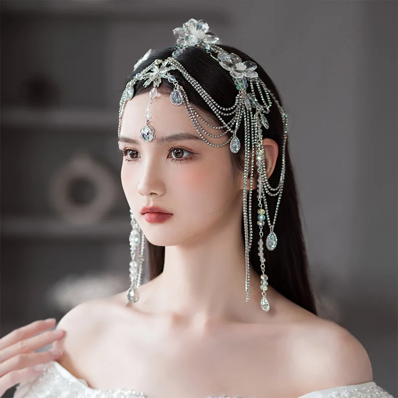 Bride Drip Tassel Hair Jewelry White Crystal Eyebrow Heart Pendant Hiphop Head Chain Princess Wedding Headband