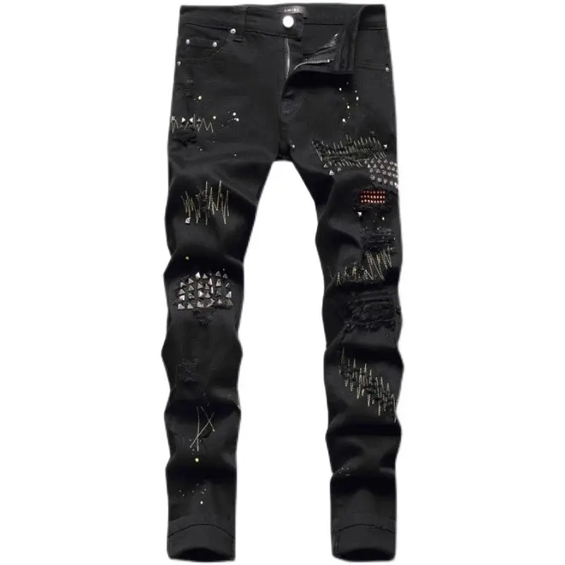 

Men's clothing spring and autumn fashion brand jeans embroidered willow nails black patch stretch slim long pants