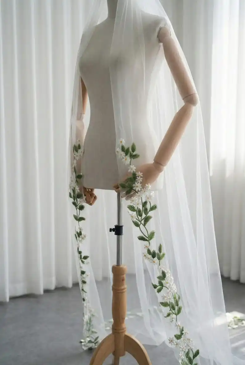 

Cathedral Bridal Veil Green Floral Veil Embroidered Long Wedding Accessories Handmade Customization Length