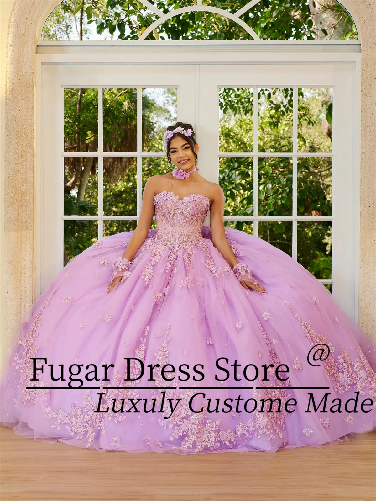 

High-end Lilac Princess Quinceanera Dresses Fashionable sexy 3D flower decal long strapless tight corset vestidos para niñas