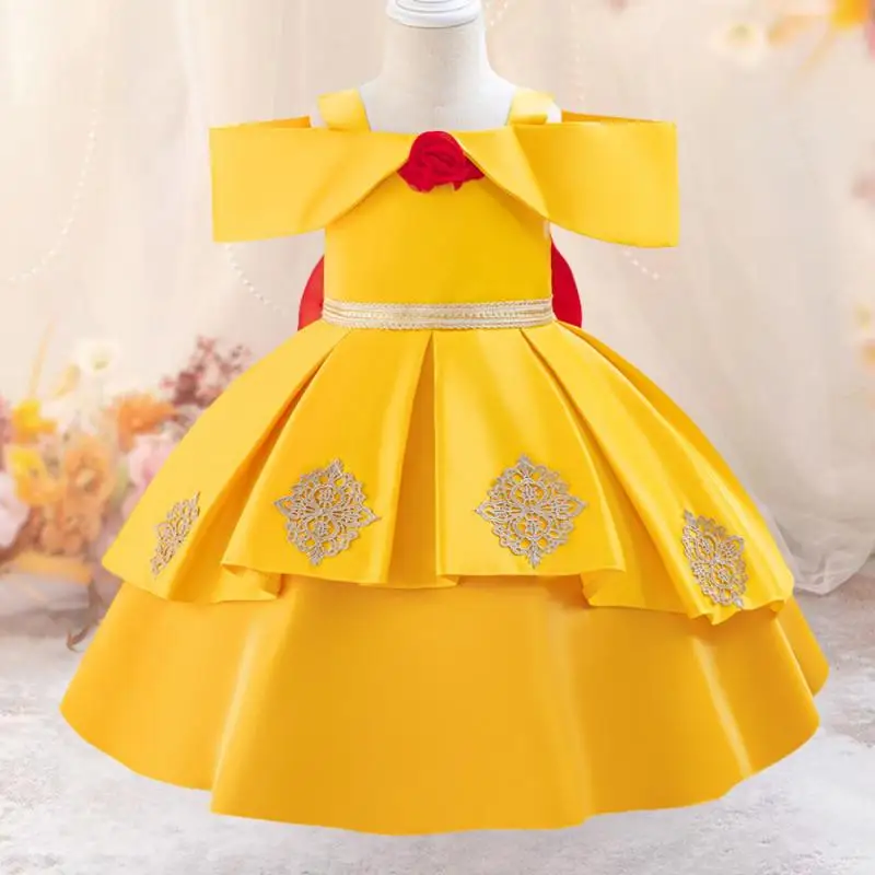 Girl's Off The Shoulder Sticker Yellow Big Bow Princess Dress Children's Halloween Festival Party Evening Dress for 0-3 Years