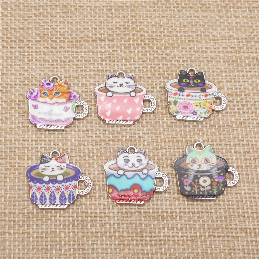 

6PCS Alloy Cup Cat Charms Printed Cartoon Cat Pendant Earrings Necklace Bracelet Jewelry Making Handmade Accessory