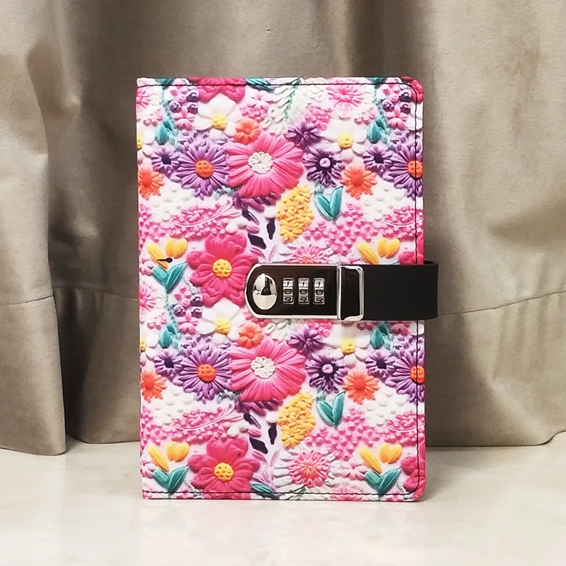 A5 Kawaii Notebook Diary with Lock Colorful Flower Fabric Cover Girl Gift 260 Pages 100Gsm Study Stationery Office Bullets Log