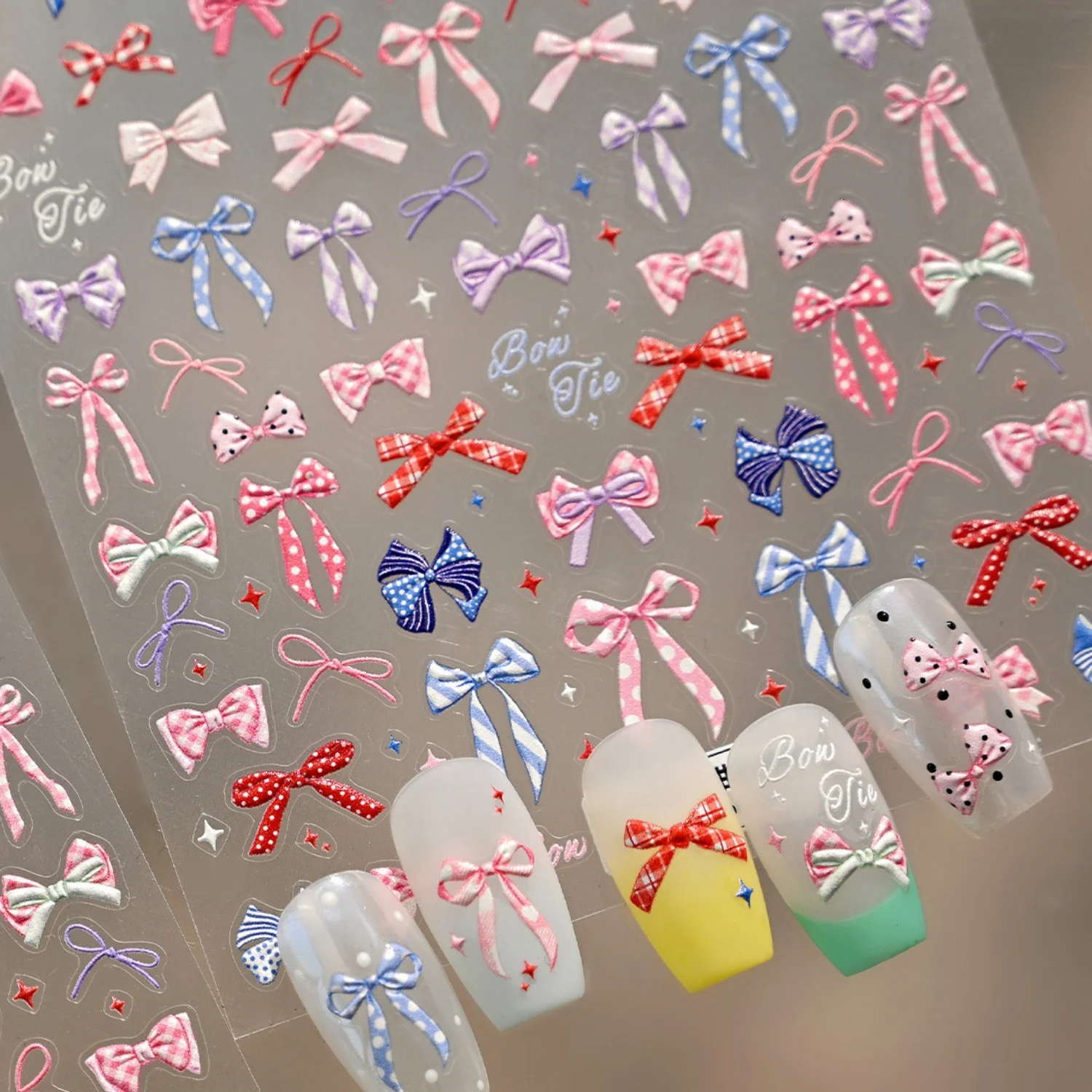 5D Vintage Multicolor Bow Nail Stickers Polka Dot Bows Plaid Bows Thin Knots Embossed Preppy Style Self-Adhesive Nail Art Decals