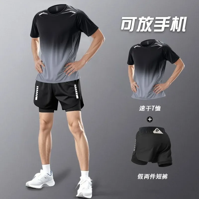 Men's Quick-Dry Sports Set Short Sleeve Gradient T-Shirt + Fake Two-Piece Shorts with Phone Pocket