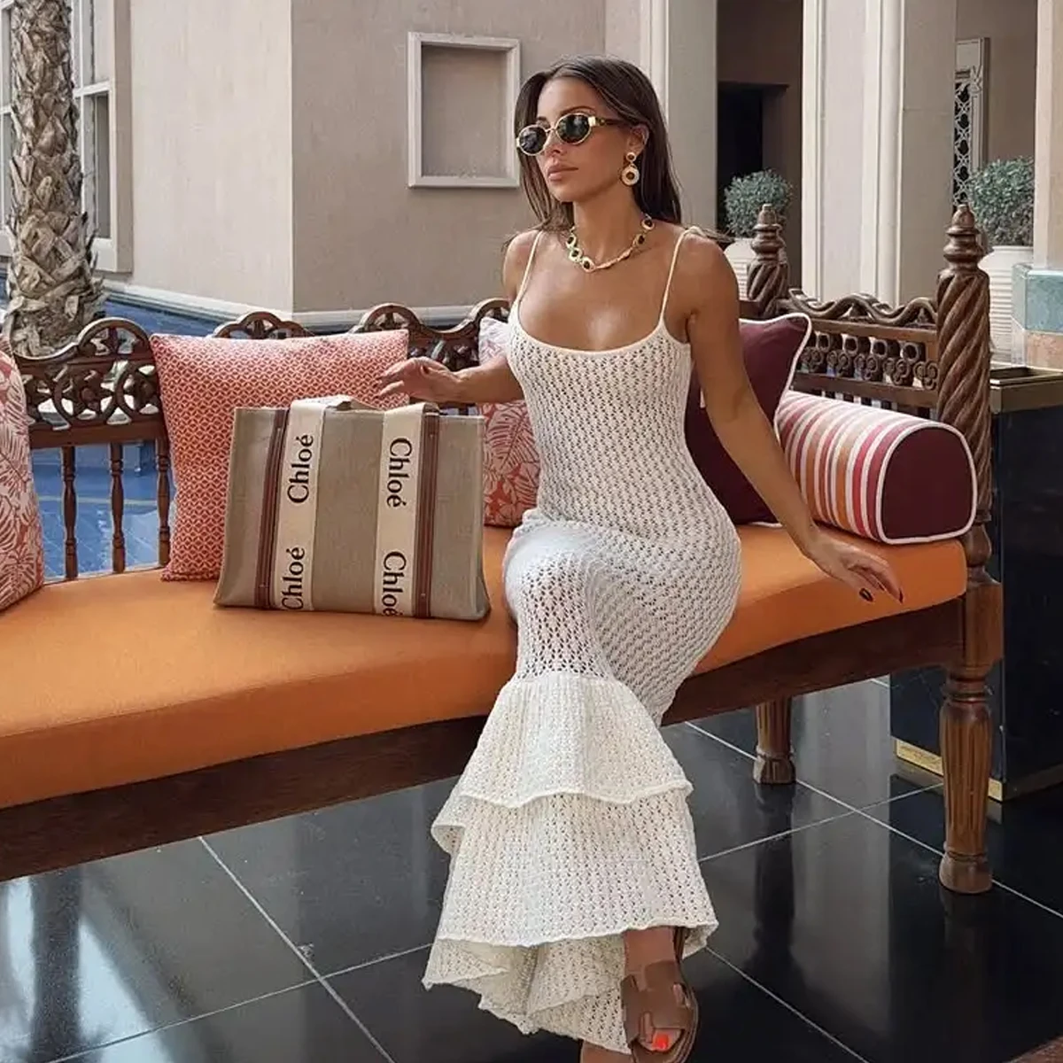 Fashion Style Pool Party Knit Bikini Cover Up Solid Color Double Flounces Slip Dress Sexy Hollow out Beachwear Tie Up Cover-ups
