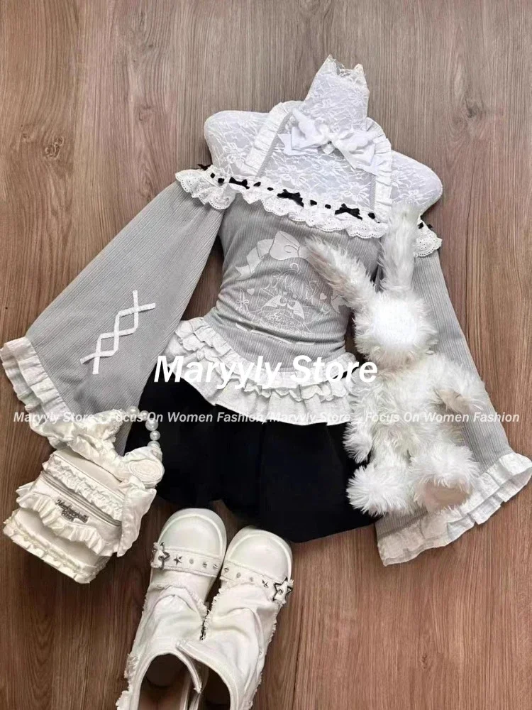 Autumn Elegant Sweet Outfits 2 Piece Set Women Cute Bow Print Off Shoulder Tops + Y2k Higt Waist Shorts Japanese Fashion Set New