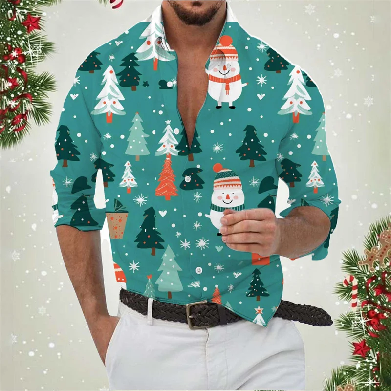 3D Print Santa Claus Reindeer Hawaiian Shirts For Men Snowman Cat Pattern Aloha Shirts Casual Loose Long Sleeve Blouse Lapel Top