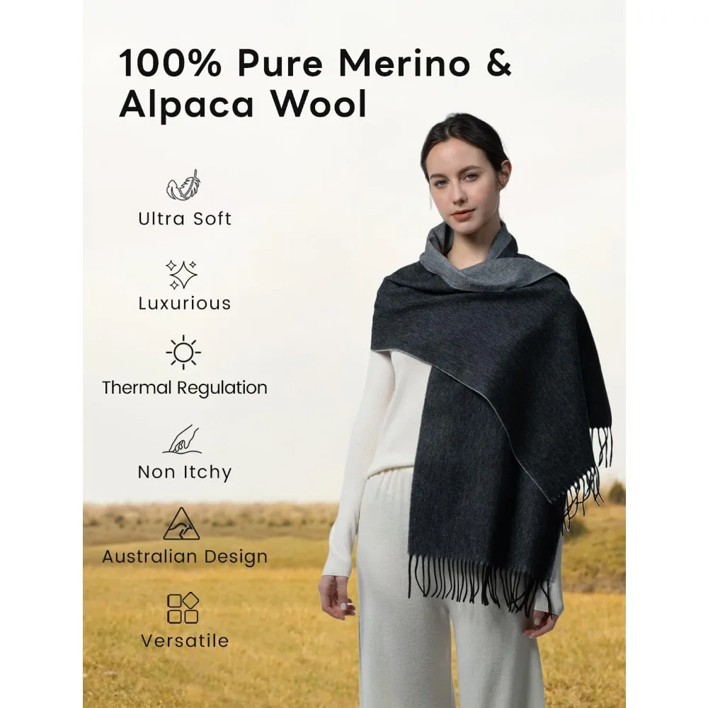 Châle de luxe en mélange de laine mérinos et d'alpaga, enveloppe souple semblable au cachemire pour femme, grande écharpe de voyage, cadeau idéal
