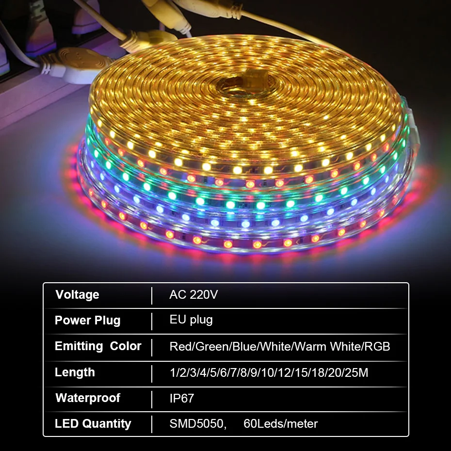 AC 220V LED Strip Light 5050 RGB SMD Waterproof Silicone Tube 1/2/3/4/5/6/7/8/9/10/12/15/20m RGB White 60LEDs/m + EU Power Plug