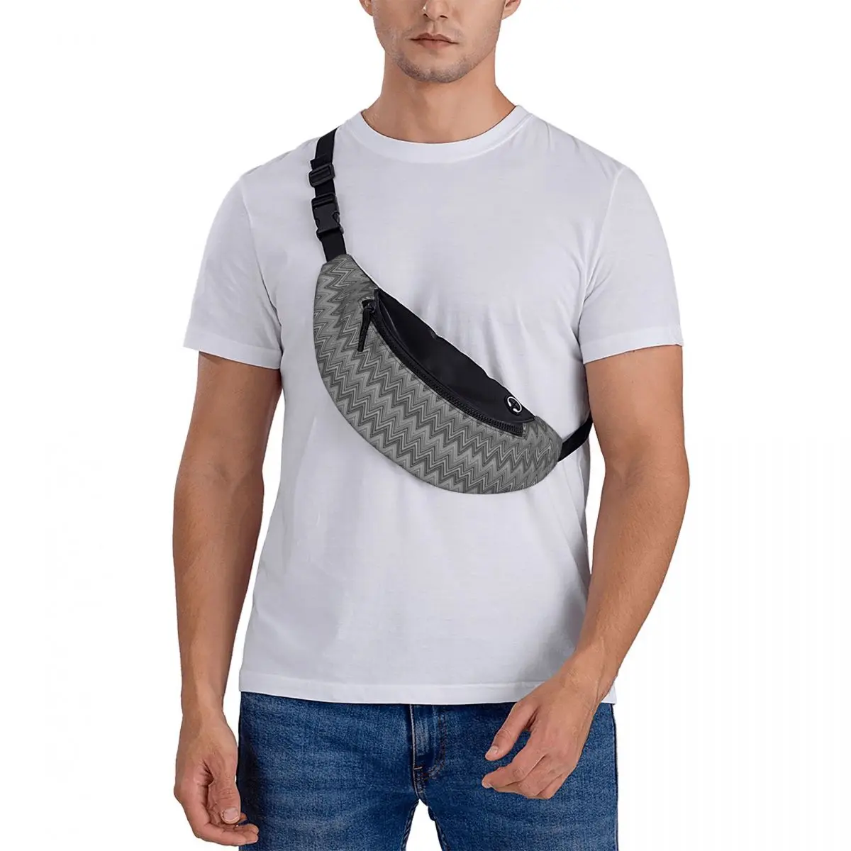 Home Zig Zag Patterns Grey White Fanny Pack for Travel Hiking Men Women Boho Chic Zigzag Crossbody Waist Bag Phone Money Pouch