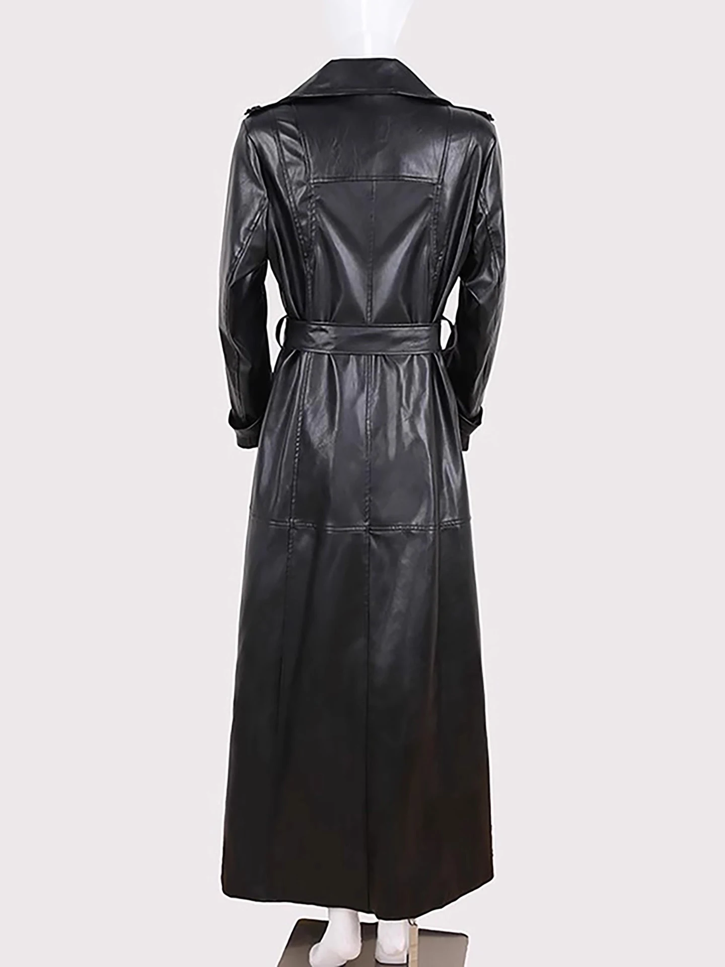 Autumn Extra Long Black Soft Faux Leather Trench Coat for Women Belt Double Breasted Floor Length Luxury Designer Clothes 2025