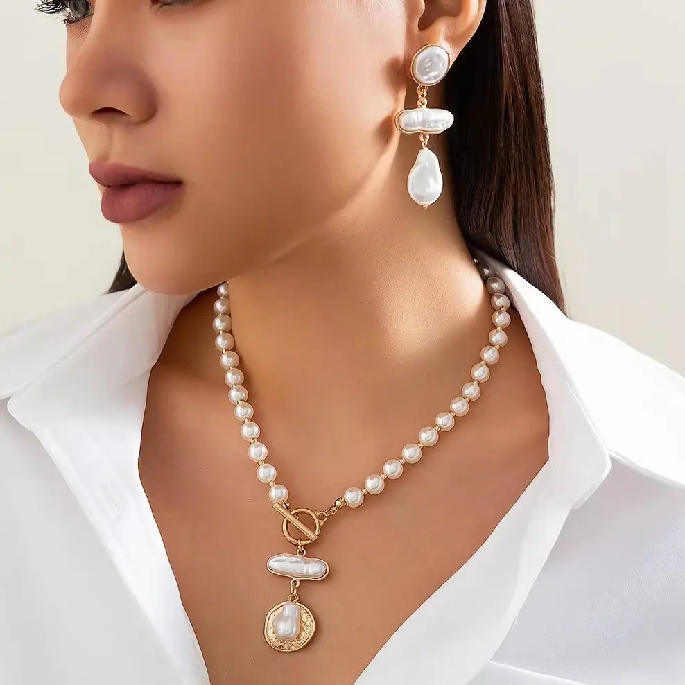 

Ingemark Elegant Irregular Imitation Pearl Pendant Necklace Drop Earrings Set for Women 2025 Trendy Bride Wed Party Jewelry New