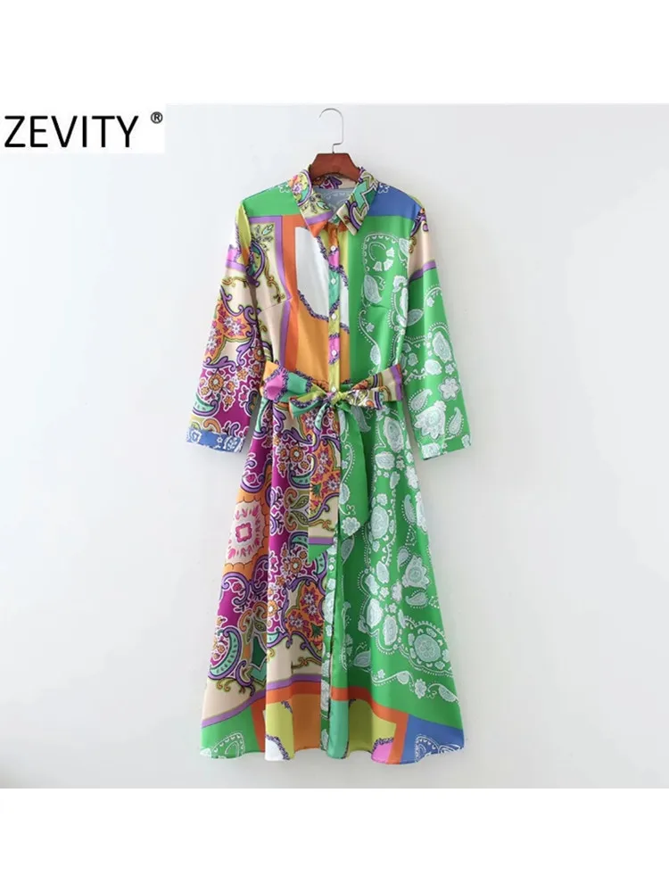 ZEVITY Women Fashion Cloth Patchwork Irregular Print Sashes Midi Shirt Dress Ladies Single Breasted A Line Kimono Vestido DS8791