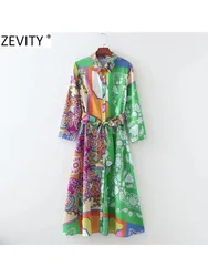 ZEVITY Women Fashion Cloth Patchwork Irregular Print Sashes Midi Shirt Dress Ladies Single Breasted A Line Kimono Vestido DS8791