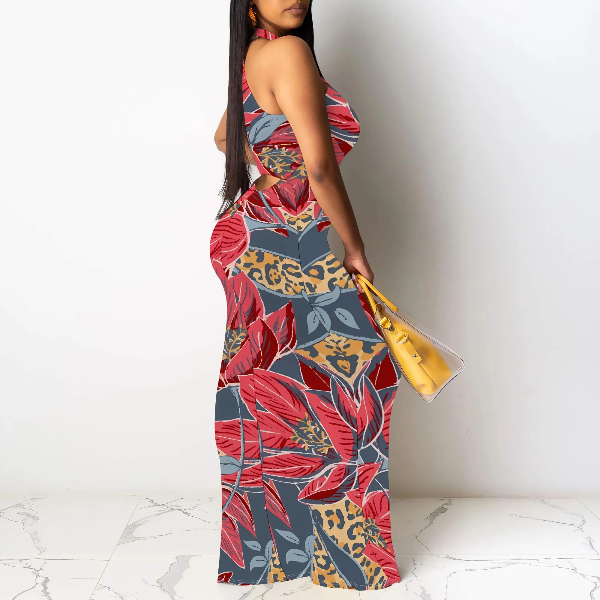 Nupusa Leaf & Leopard Print Dress 여성용 레귤러 사이즈 여름 캐주얼 홀터넥 민소매 맥시 드레스