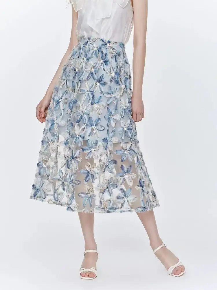 

Heavy industry embroidery flower mesh three-dimensional tied flower sequin temperament half skirt elastic waist umbrella skirt