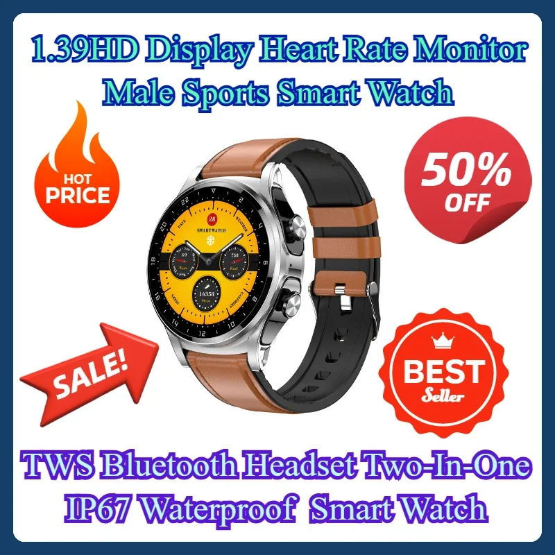 

1.39HD Display Heart Rate Monitor Male Sports Smart Watch TWS Bluetooth Headset Two-In-One IP67 Waterproof Smart Watch