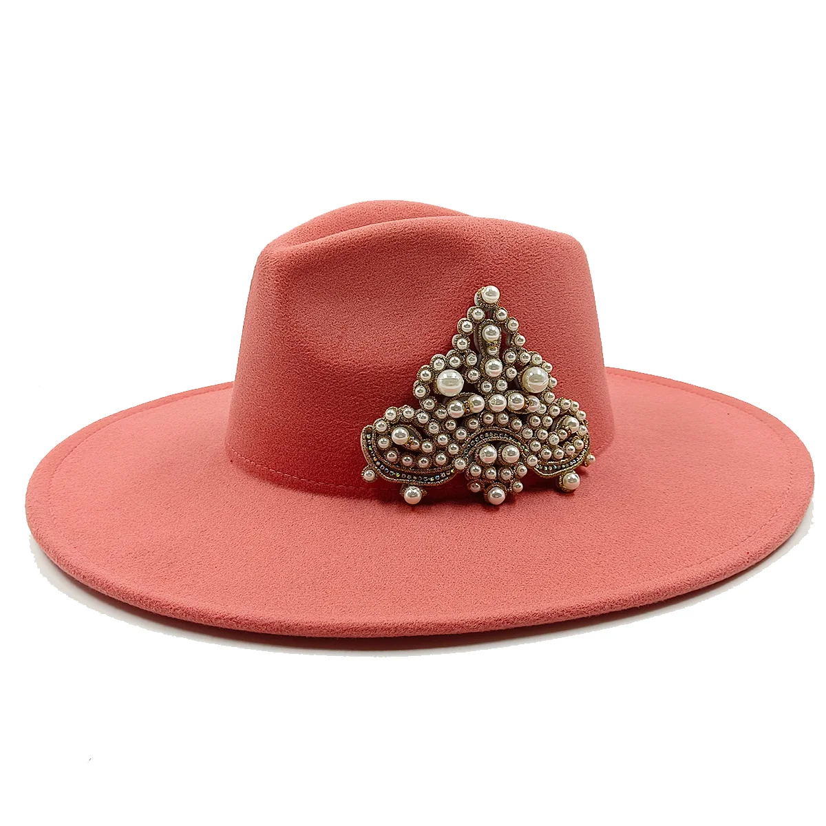 Women's Hat Wide Brim Simple Church Derby Top Hat Panama Solid Felt Fedoras Hat for Women Jazz Cap Pearl Crown Accessories 2022