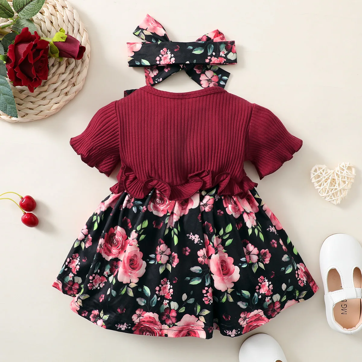 Baby girl red short-sleeved with flowers printed cute dress