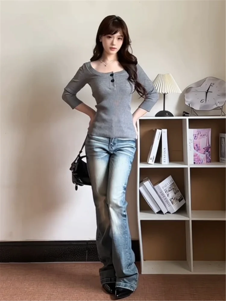

Retro Blue Faded Low Waist Flared Denim Jeans Women's Spring Small Size Spicy Girl Slimming Casual Straight Leg Pants