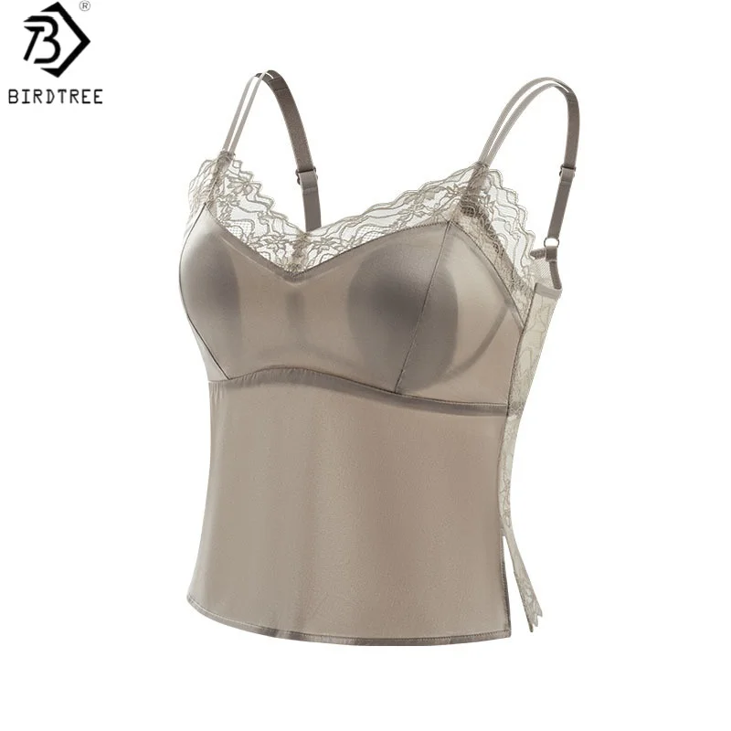

Женский топ Birdtree, 19 мм, 93% шелк, 7% спандекс, со встроенным бюстгальтером, однотонный кружевной топ на бретельках, новинка весны 2026, T61901JF