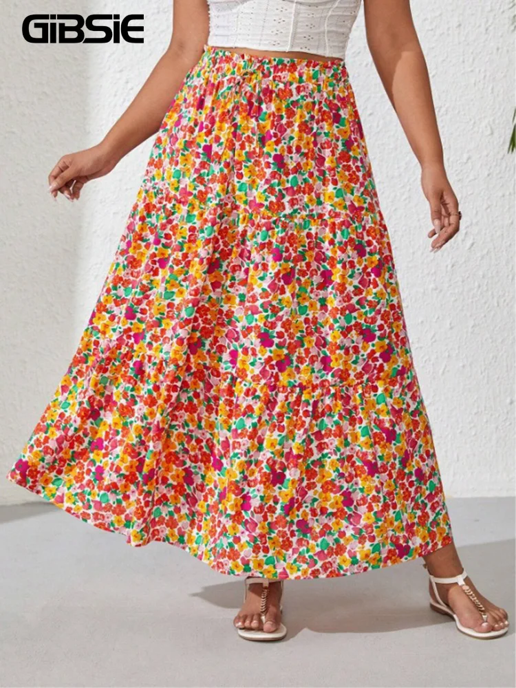 GIBSIE Plus Size Bohemian Beach Long Skirts Women Summer 2024 Holiday Boho Floral Print High Elastic Waist Female A-Line Skirts