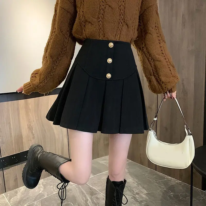 Woolen Skirt Thickened Single-Breasted Autumn And Winter Women'S New Solid Color A-Line Fake Pocket Versatile Pleated Skirt