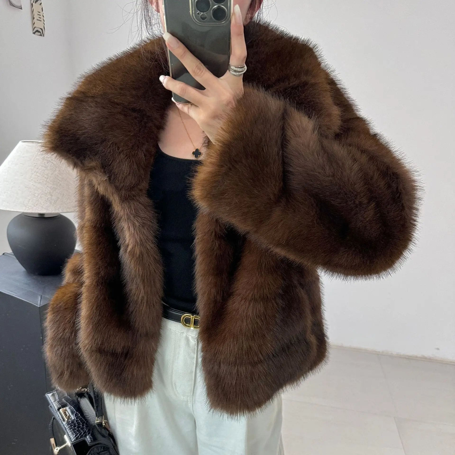 Animal protection faux fur mink fur coat for women, short thickening maroon colored coat Fashionable youthful autumn winter new