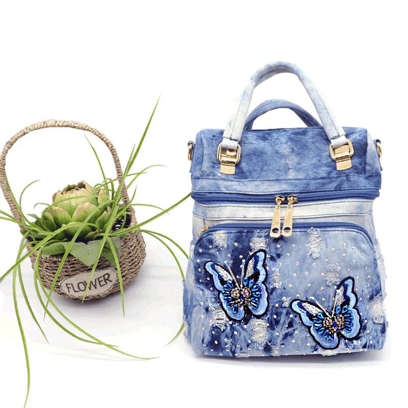 XIU LI – sac à dos en Denim lavé à l'eau pour filles, sacoche de voyage multifonction avec diamant, à la mode, nouvelle collection 2022