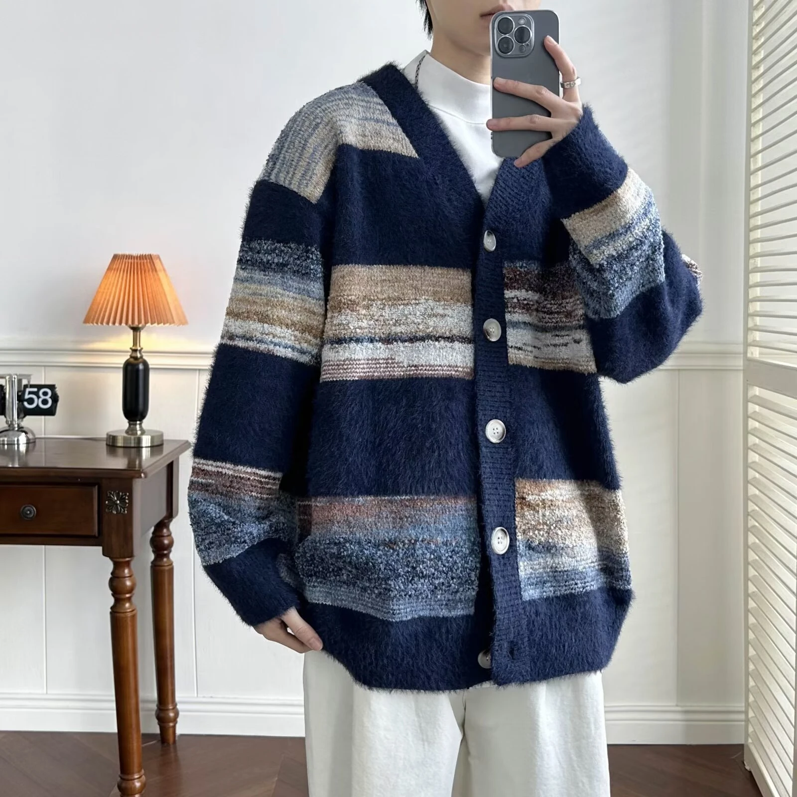 Striped Cardigan Men Chic Baggy Slouchy V-neck Japanese Style Harajuku Vintage High Street Knitting Sweaters All-match Autumn