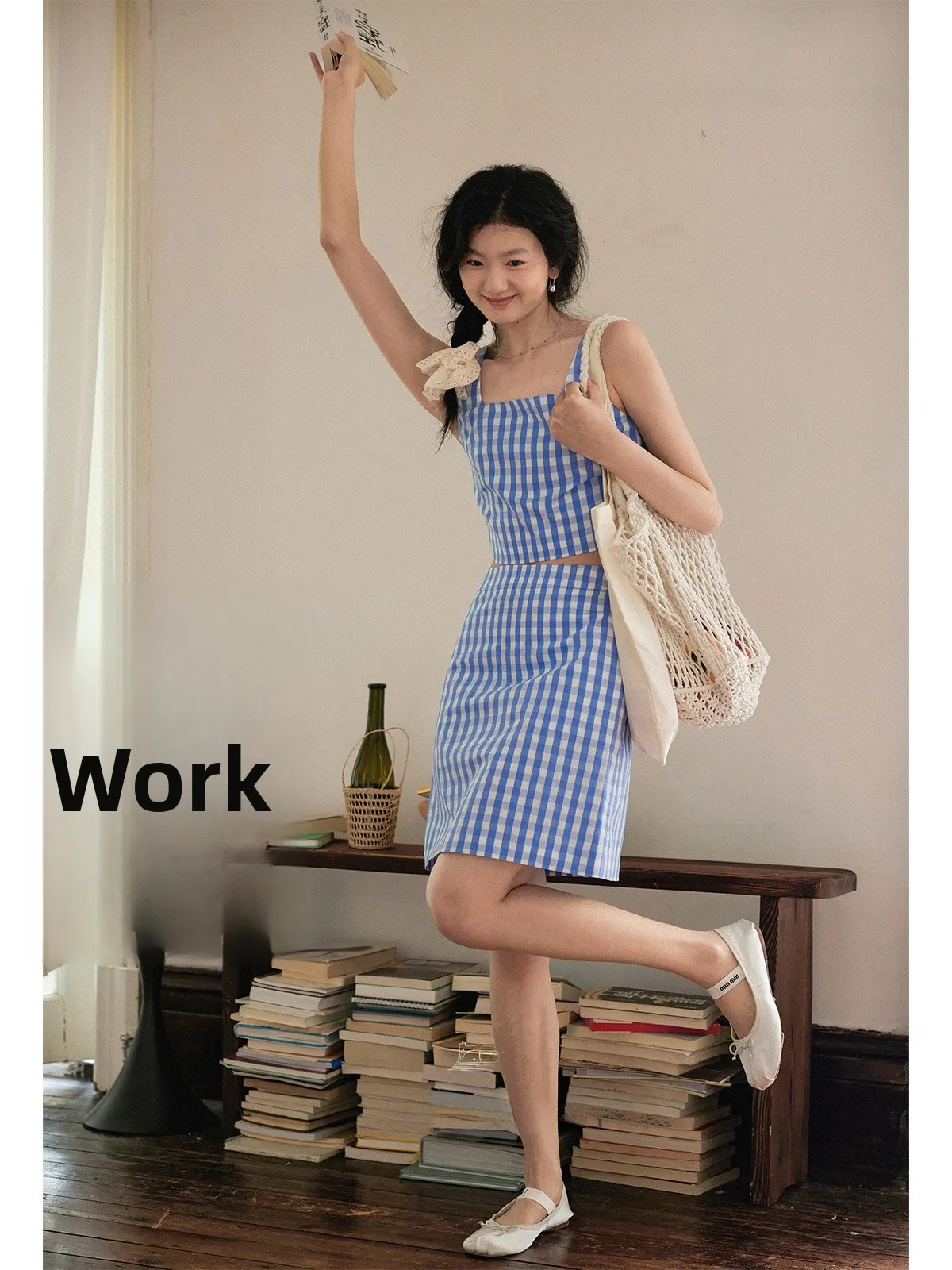 

Simple Blue And White Plaid Hemp Color Top Half Skirt Set Nice People 2024 Spring Fashion Women's Two-Piece Ensemble