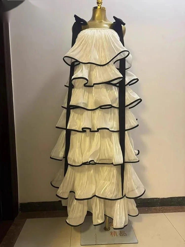 

Fashion Spring Autumn Evening Dress Women Strapless Sleeveless Frenum Multilayer Stringy Selvedge Slim Dresses New 3A39