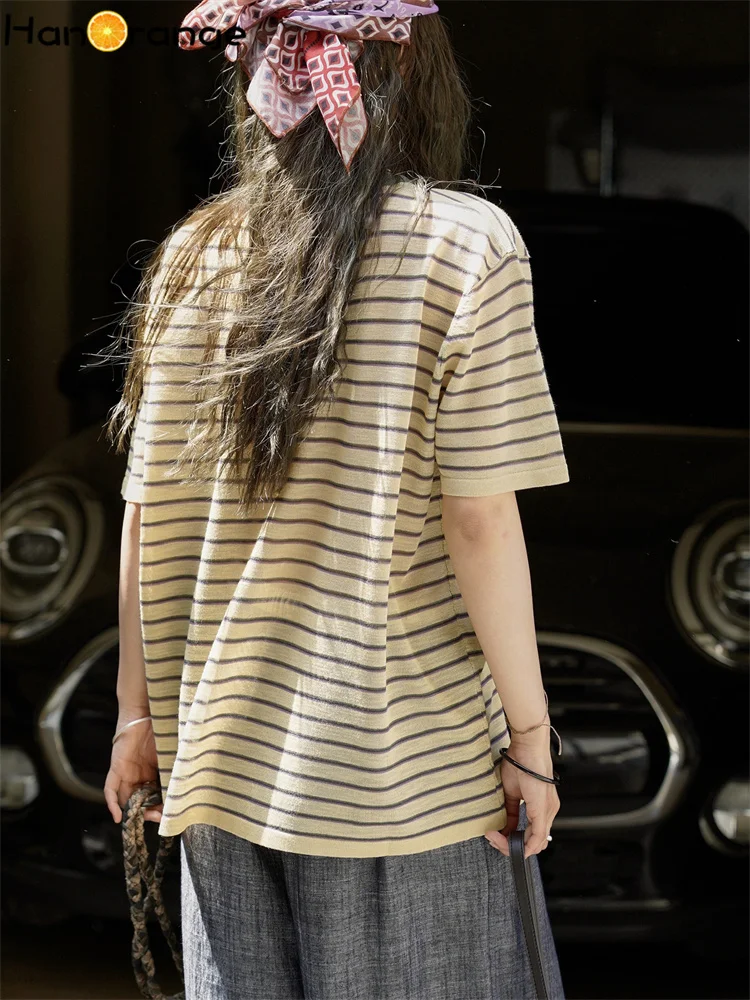 HanOrange 2025 Camiseta de punto a rayas con contraste de dopamina de verano para mujer, camisetas ligeras y transpirables, amarillo/rosa