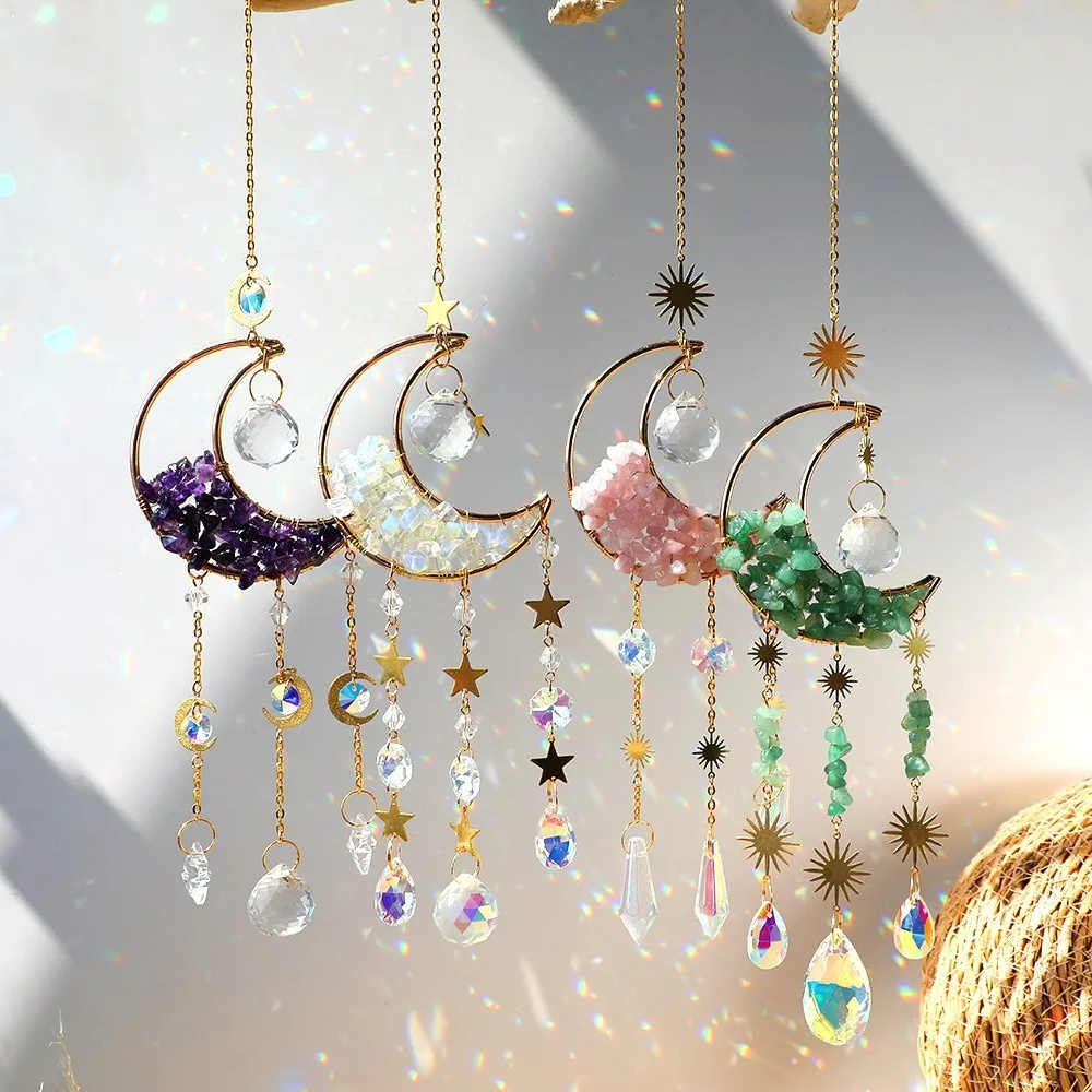 

Colorful Moon Crystal Sun Catcher Amethyst Stained Glass Rainbow Suncatcher Rainbow Prism Party Decor Hanging Wind Chimes