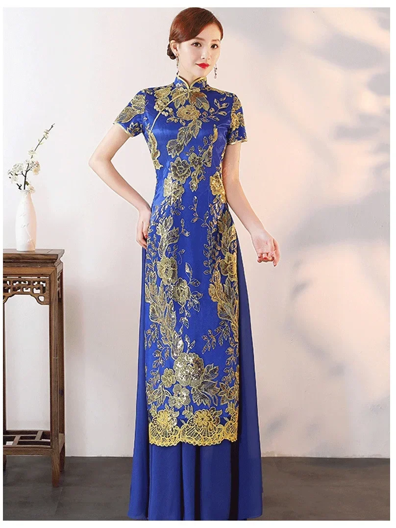 

Ao Dai Cheongsam, роскошное платье в китайском стиле, костюм для сценического шоу с блестками, женское восточное платье, большой размер 4Xl5Xl
