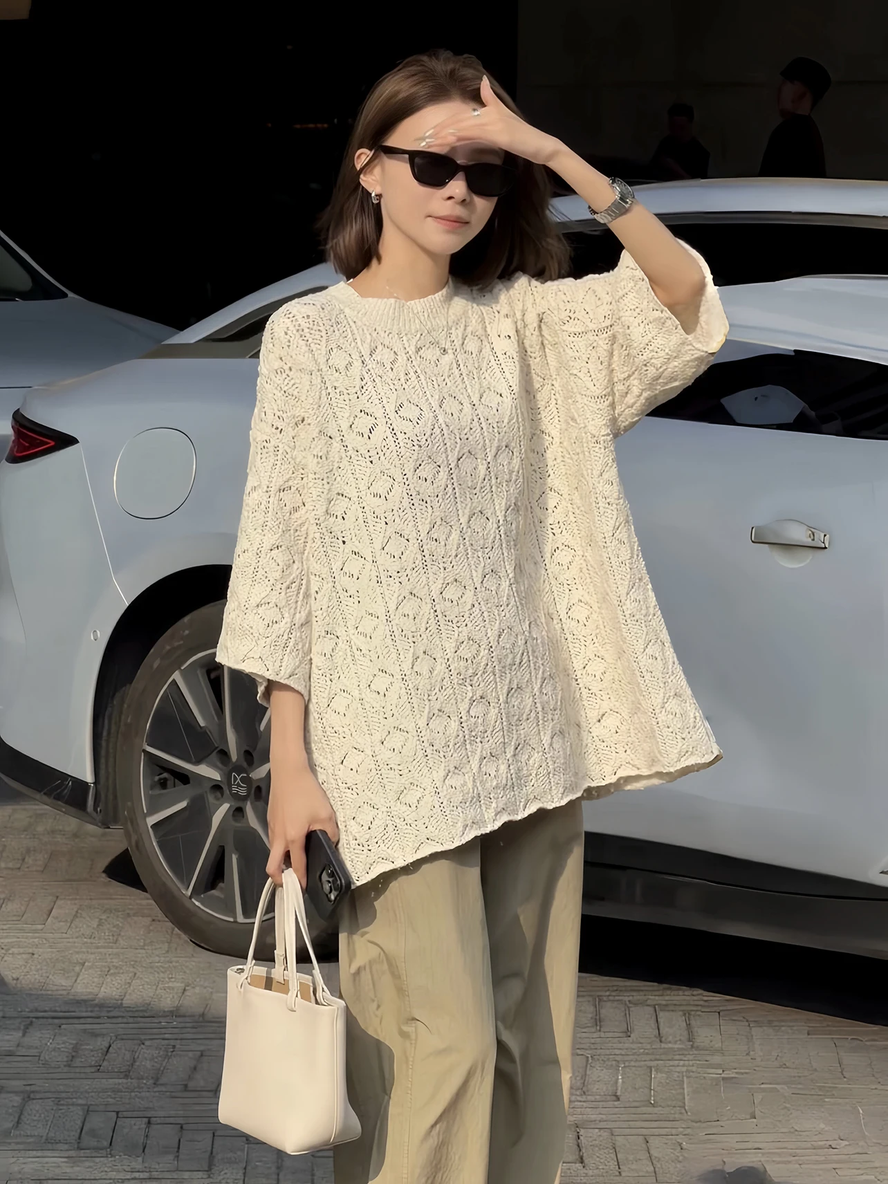 

White Lovers Spring Summer Knitted Heavy Work Hollow out Hook Flower mid Sve round Ne Top Soft Cotton Blend Breathable