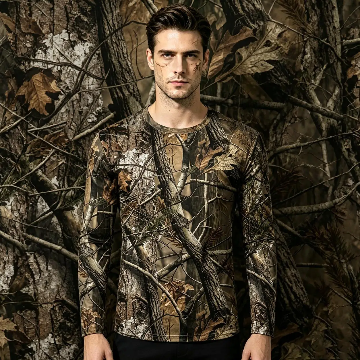 Men's Outdoor Bionic Camouflage Long Sleeve T-Shirt 3D Bark And Reed Leaf Printed Tee Autumn Fishing And Hunting Sports Top