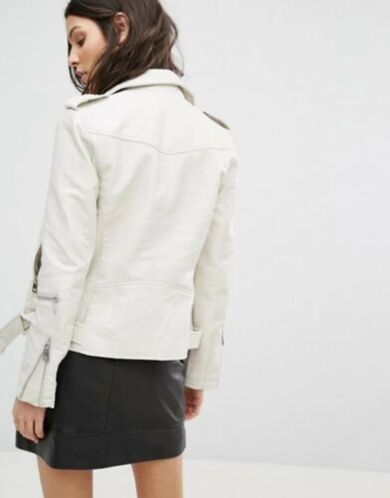 White Leather Jacket Women Slim Fit Biker Motorcycle Lambskin Leather Coat Genuine Leather Jacket