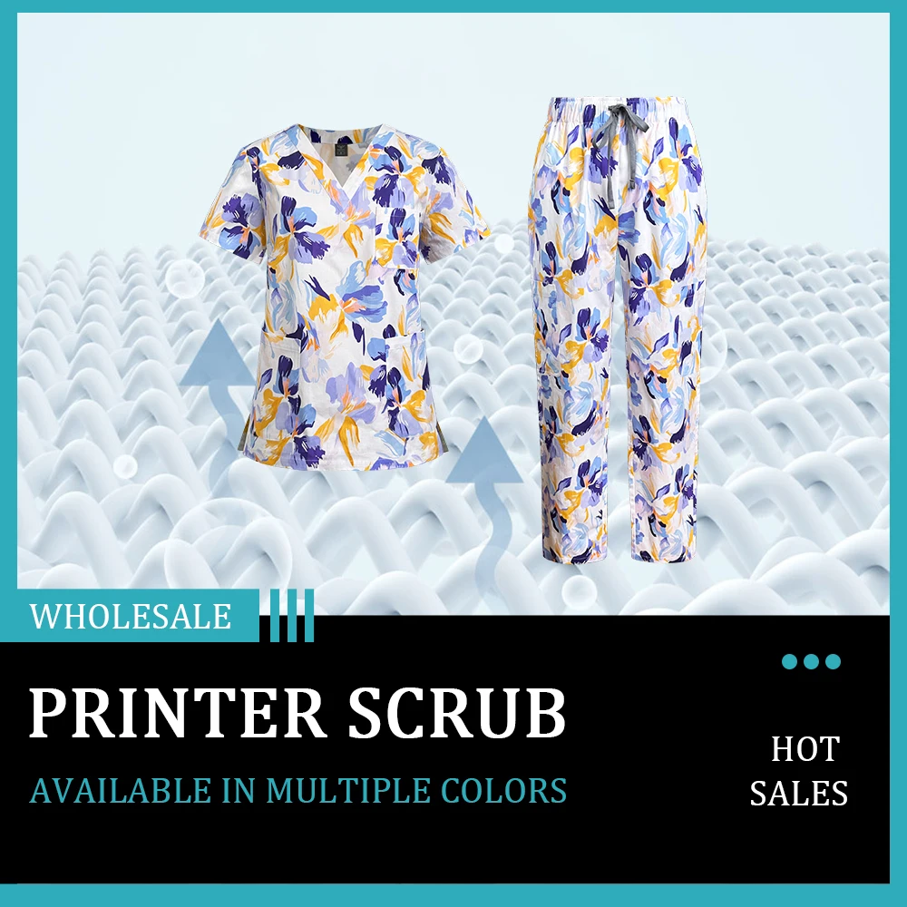 Fashion Print Doctor Uniforms Medical Nursing Scrubs Uniform Clinic Scrub Sets Short Sleeve Tops Pants Sets 100% Cotton Workwear