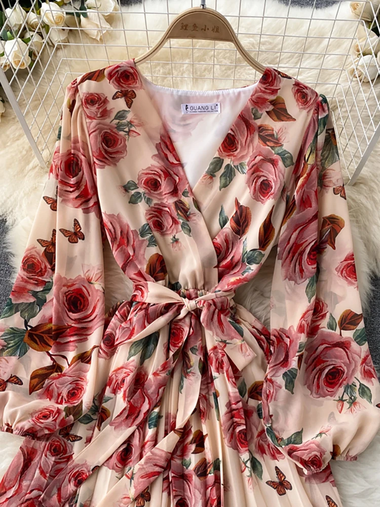 Autumn Women Floral Draped Mini Dress Bohemian Female V-Neck Puff Long Sleeve High Waist Bandage Pleated Vestido Female Robe New