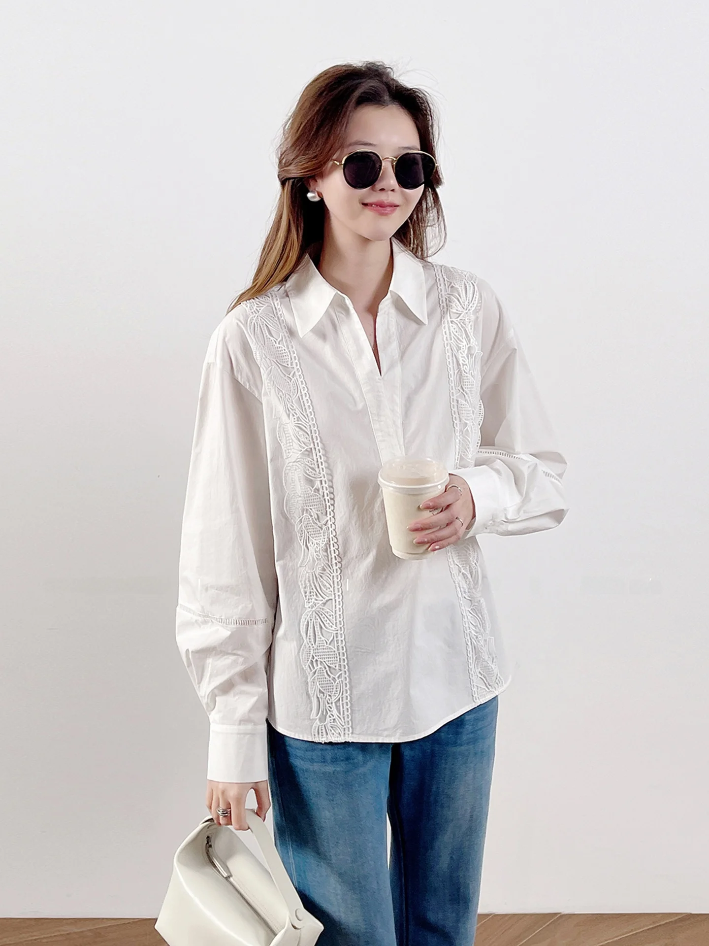 

Ele White Cotton Lantern Sve irt Women's Loose Fit Long Sve Button up Lace Trim High Tead Count Spring New Sle